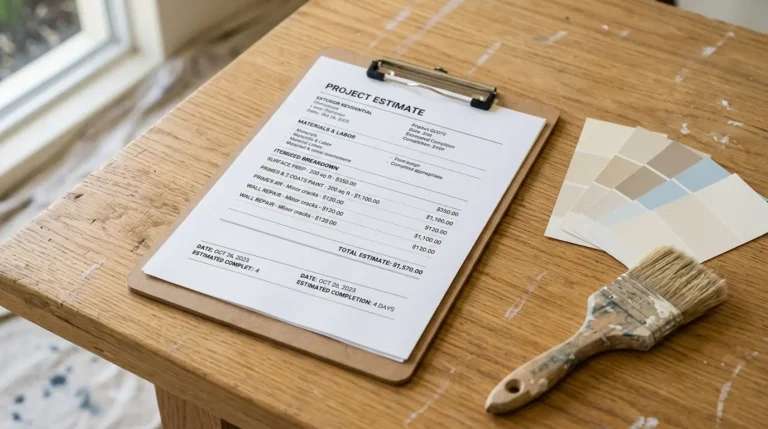 Sample painting quote showing itemized cost breakdown for surface prep, primer, paint, and wall repairs in Perth