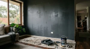 Uneven, patchy interior wall paint showing peeling caused by recoating too early before the paint drying time was complete