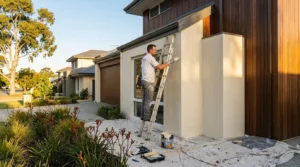 Painter applying exterior paint to a rendered wall on a modern Perth home, comparing paint durability for Dulux vs Taubmans