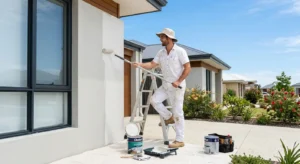 Professional painter in Perth applying an exterior coat of paint, following correct paint drying time and recoat time guidelines