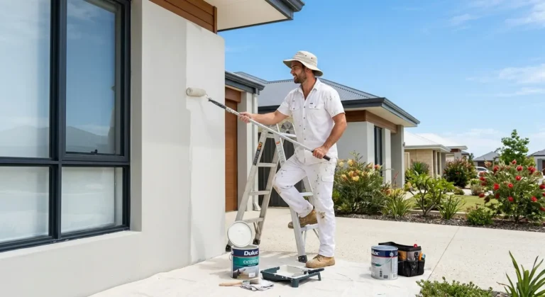 Professional painter in Perth applying an exterior coat of paint, following correct paint drying time and recoat time guidelines