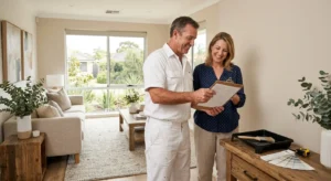 Painter reviewing a written painting quote with a smiling Perth homeowner in a bright living room