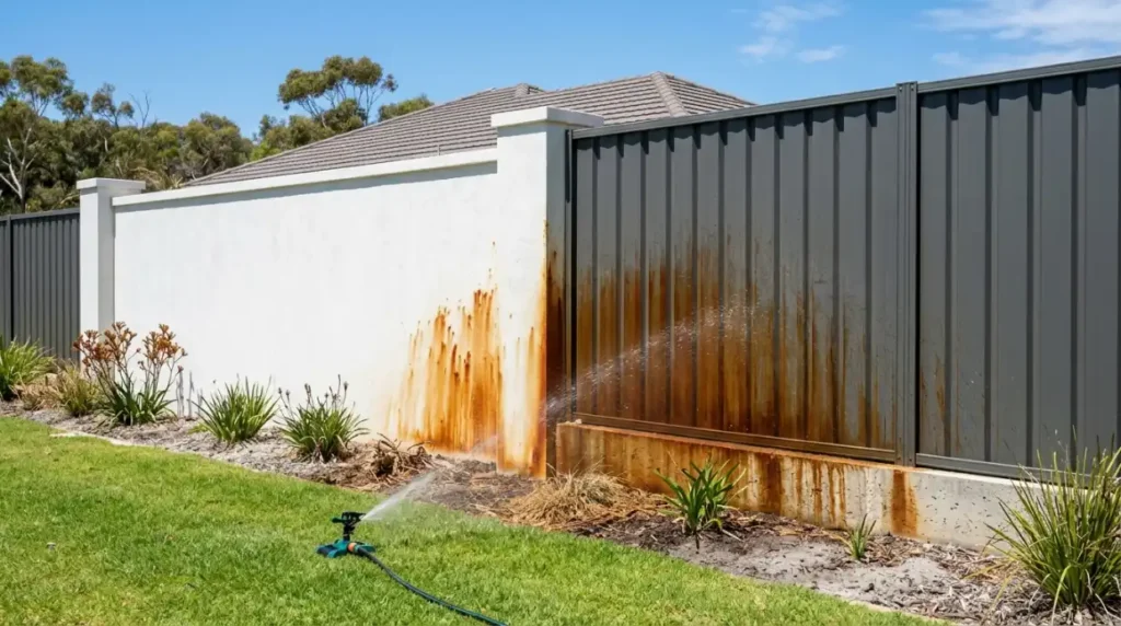 Bore water stains on a rendered wall and Colorbond fence in Perth, with a sprinkler spraying the fence