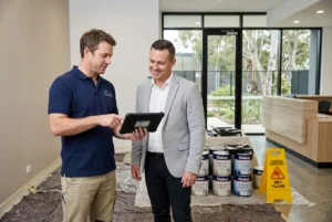 Painting contractor and business owner reviewing a commercial repaint schedule on a tablet in an office reception area 