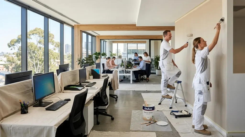 Commercial painters repainting a feature wall in a Perth office while staff keep working at covered desks