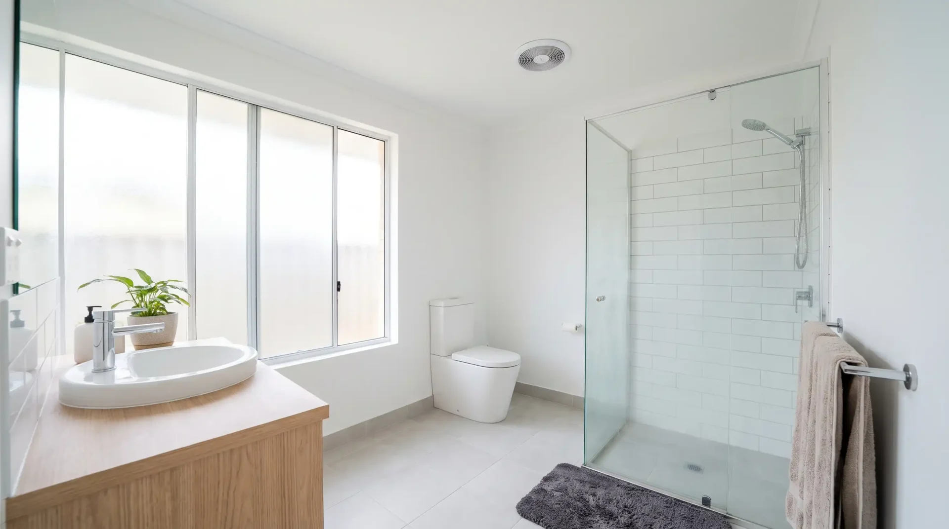 Freshly painted white bathroom walls and ceiling with exhaust fan, finished with moisture resistant paint in a Perth home