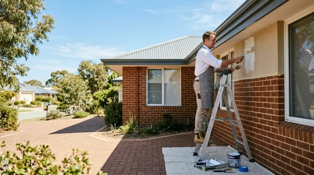 Licensed painter in Perth rolling fresh paint onto the exterior wall of a brick home from a ladder