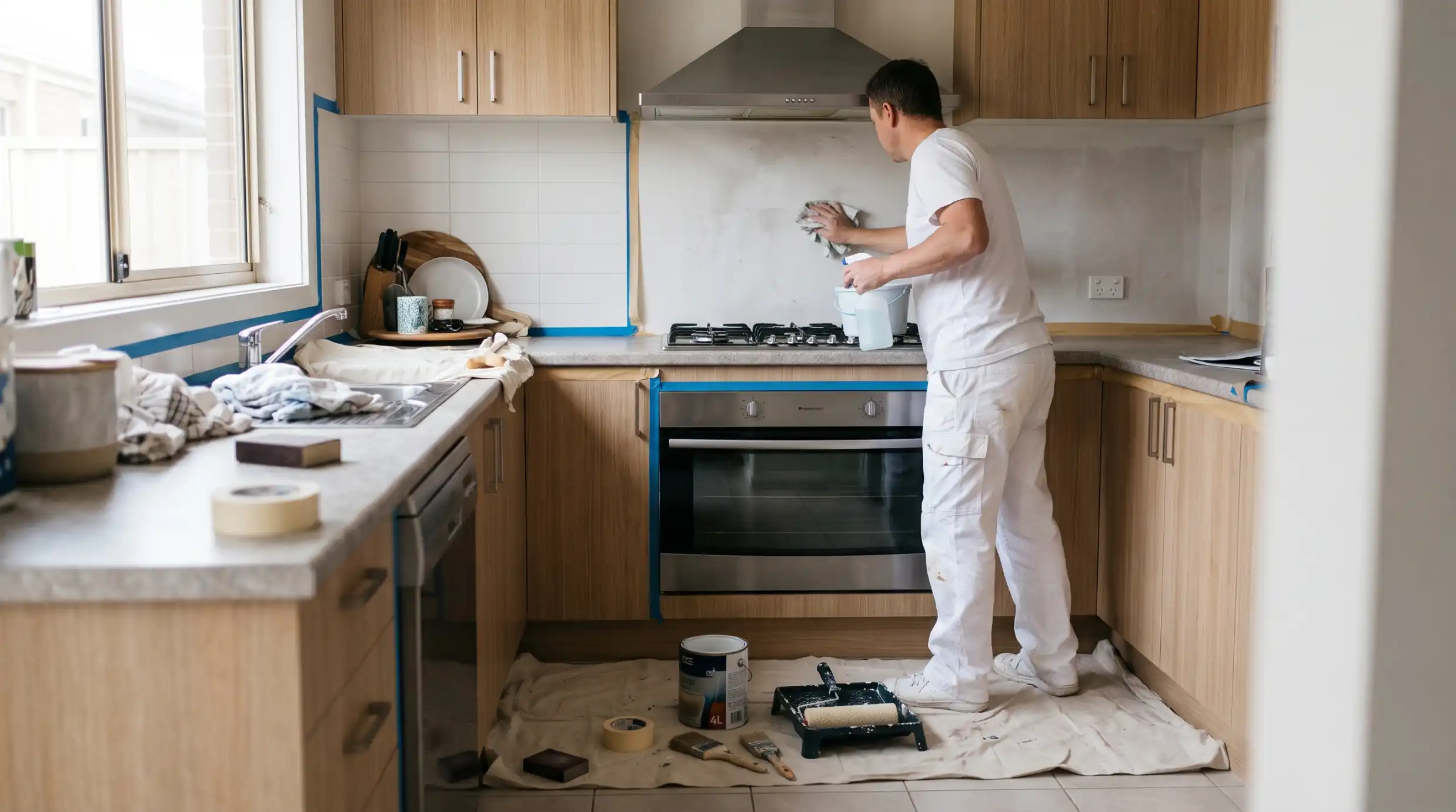 Painter degreasing the kitchen wall behind the cooktop before applying kitchen and bathroom paint in Perth