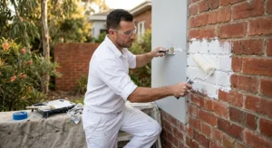  Painter applying masonry primer to a brick wall while filling a crack in the rendered wall beside it