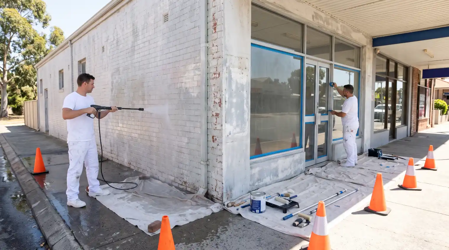Painters washing and masking a shopfront exterior before repainting in Perth