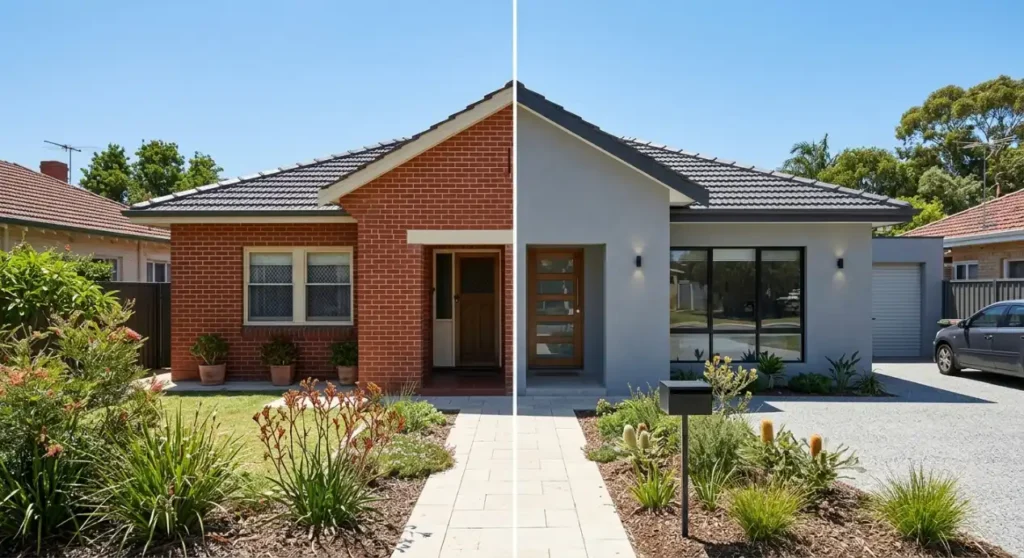 Perth home split in two, with red brick walls on the left and smooth grey rendered walls on the right