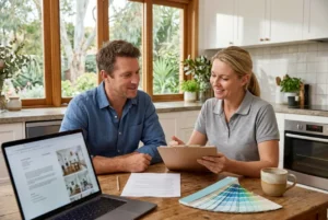  Perth homeowner and painting contractor reviewing a written quote at a kitchen table with a colour swatch fan