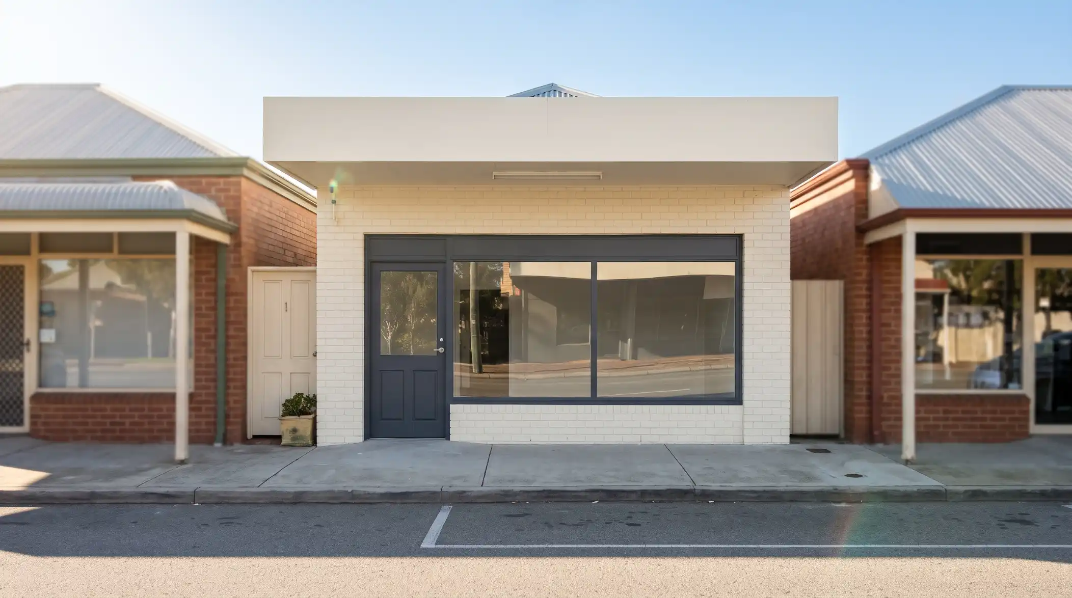 Freshly painted shopfront with clear, high-contrast signage on a Perth shopping strip