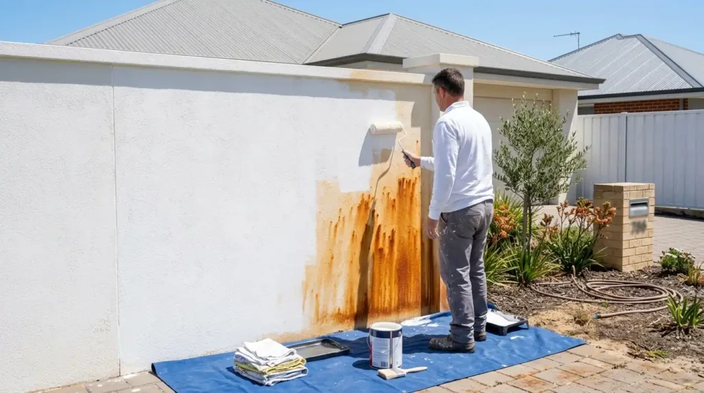 Painter rolling stain blocking primer over bore water stains on a rendered exterior wall in Perth