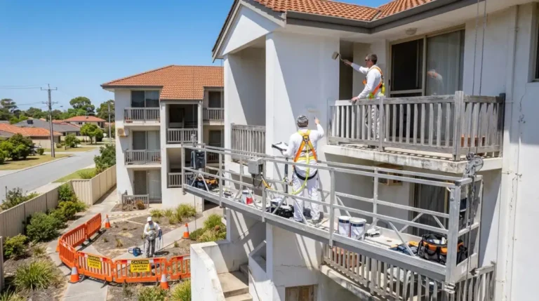 Strata painters in Perth repainting an apartment complex exterior from a swing stage