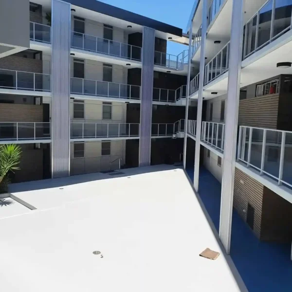 High angle view of an apartment building courtyard and walkways